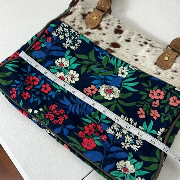 Myra Bag Canvas Floral Print Leather Accents Blue Bag Western - Picture 5 of 13